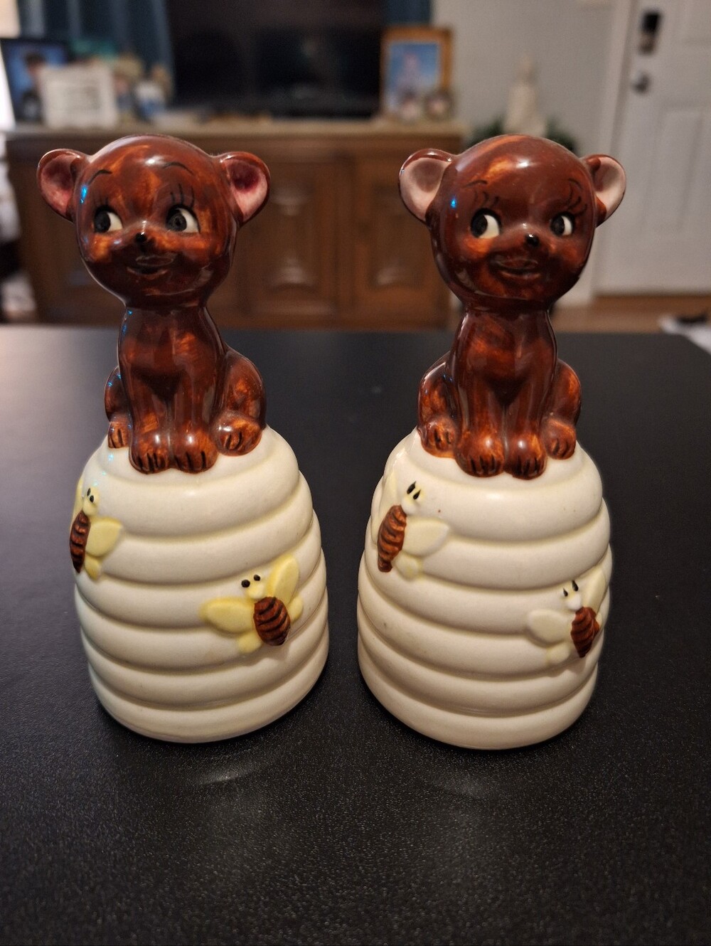 Source Unknown Brown Bear on Cream Beehive Salt & Pepper Shakers